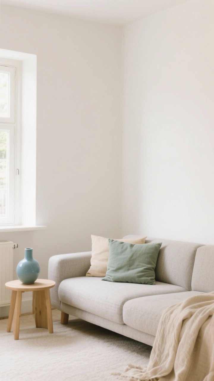 Wide shot: A small Scandi living room with warm white walls (creamy undertone), a neutral greige sofa, beige and oatmeal textiles, and a restrained accent of muted sage in a single throw pillow and a dusty blue ceramic vase on a light wood side table; gentle natural daylight, clean lines, minimal decor to maintain a tight palette, no visual noise.