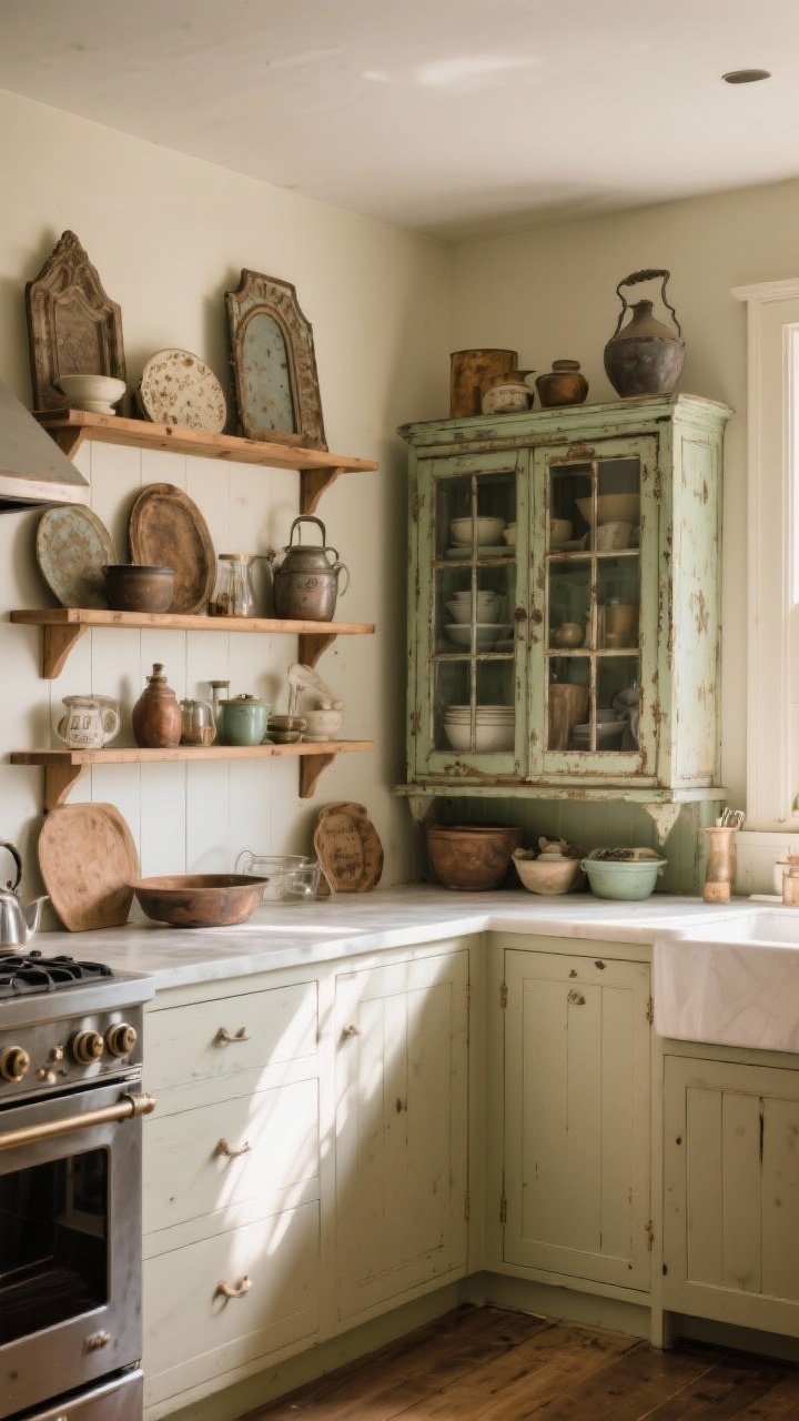 Wide shot: A timeless, collected-over-time kitchen view—subtle mix of vintage finds with breathing room: antique hutch with glass doors, useful pieces only (no dust collectors), measured shelves and walls fitting items perfectly; a few architectural salvage accents. Palette: warm woods, cream, muted greens, aged metals. Mood: intentional, evolving, not overstuffed. Lighting: soft afternoon natural light. Angle: wide corner perspective to convey thoughtful curation.