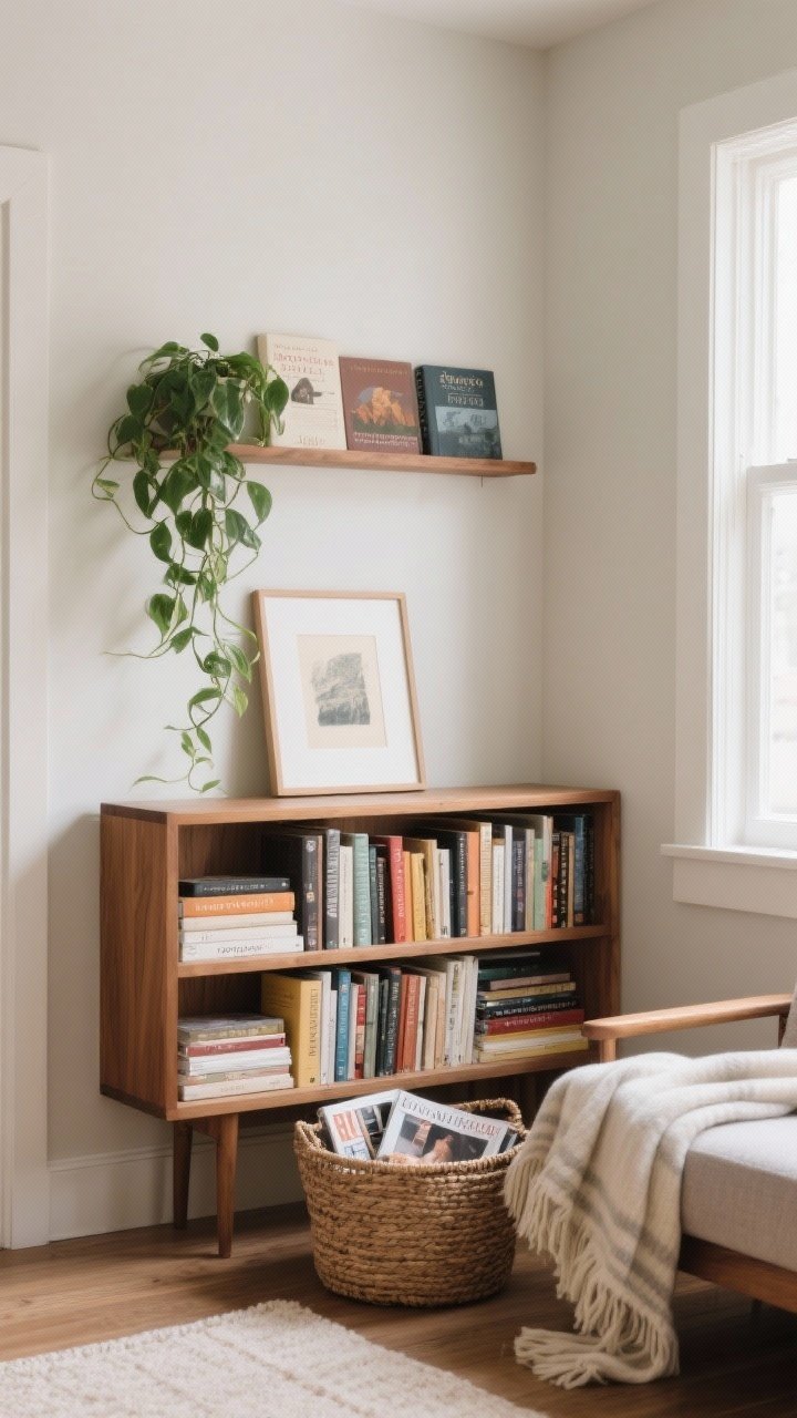 Wide shot: A tiny library vignette near the reading nook—a low-profile oak bookcase keeping sightlines open, styled with mixed vertical and horizontal stacks, a framed print leaning on top next to a trailing pothos, and a wall-mounted picture ledge above holding a few current reads; a woven basket on the floor corrals magazines and a folded blanket; neutral walls, calm composition, daylight from the side; books subtly organized by height and color for a curated look.