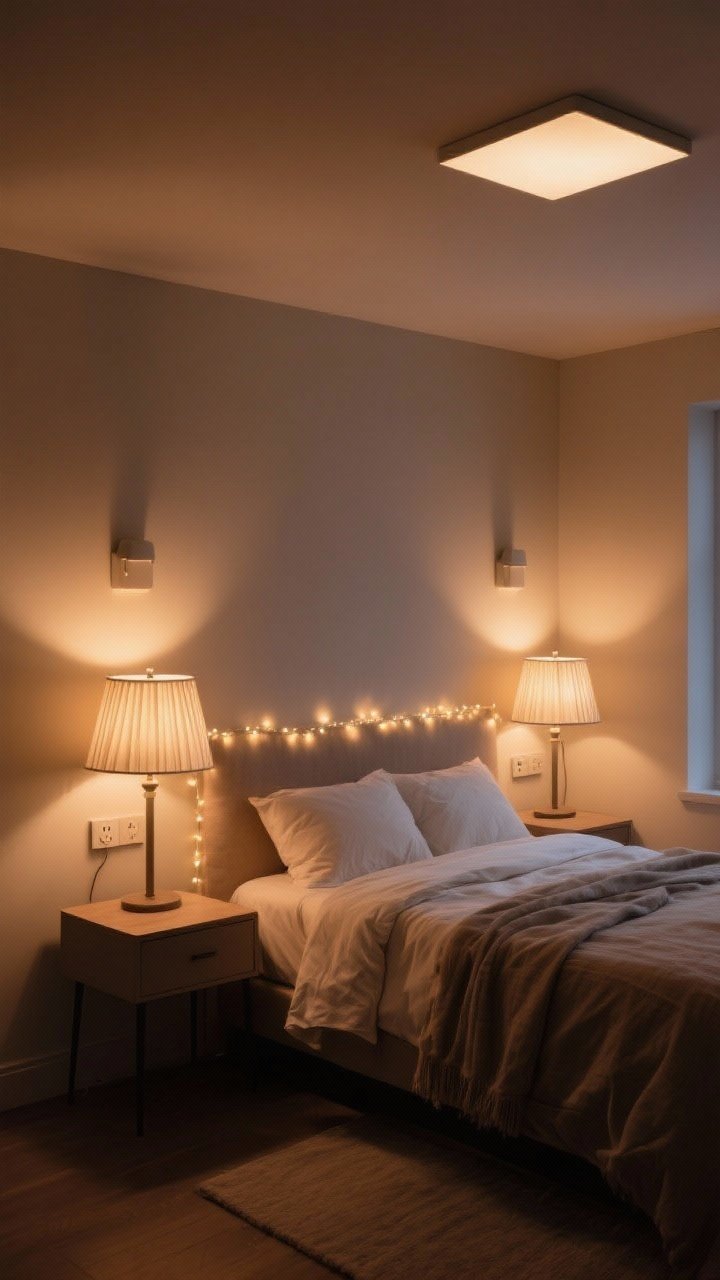 Wide shot: A warm, cozy bedroom at dusk lit only by layered lighting—two table lamps with linen or pleated shades casting diffuse 2700K glow, plug-in wall sconces flanking the bed for hands-free reading, and a strand of warm-white fairy lights tucked along the headboard; overhead ceiling light is off and not emphasized. Include smart plugs on the lamps and visible dimmer switches creating a soft mood. Palette is warm neutrals, with shadows pooling in corners, no people, photorealistic.