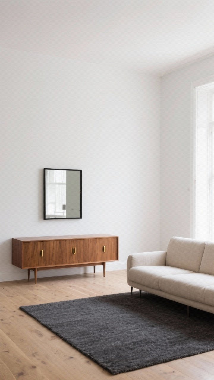 Wide shot: An airy minimalist living room with cleared surfaces and ample negative space, off-white walls, and light oak floors; a single hero vintage piece anchors the space—a mid-century teak credenza with clean lines and subtle brass pulls. No clutter, one low-profile linen sofa in neutral sand, a simple black-framed mirror above the credenza reflecting soft daylight, and a muted charcoal wool rug. The credenza provides functional storage; overall calm, zen mood with the hero piece as focal point, photorealistic, straight-on view.