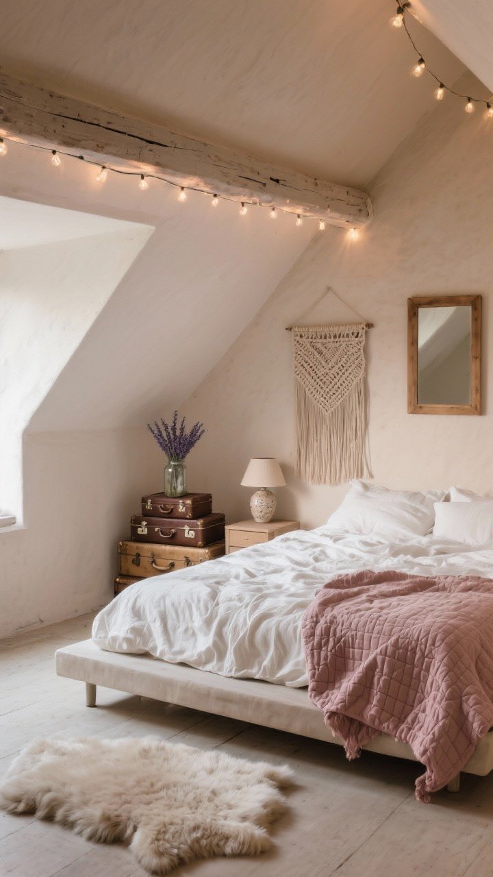 Wide shot, Attic Bedroom With Layered Textures: sloped-ceiling attic painted soft oatmeal on walls and ceilings; a low platform bed dressed in crinkled white cotton bedding with a quilted coverlet in dusty rose, sheepskin rug by the bedside; vintage suitcases stacked as a nightstand with a small ceramic bedside lamp; decor includes dried lavender in a jar, a woven wall hanging, and a simple wood-framed mirror; string lights along a beam add warm sparkle; soft, cozy evening lighting, corner angle, photorealistic.