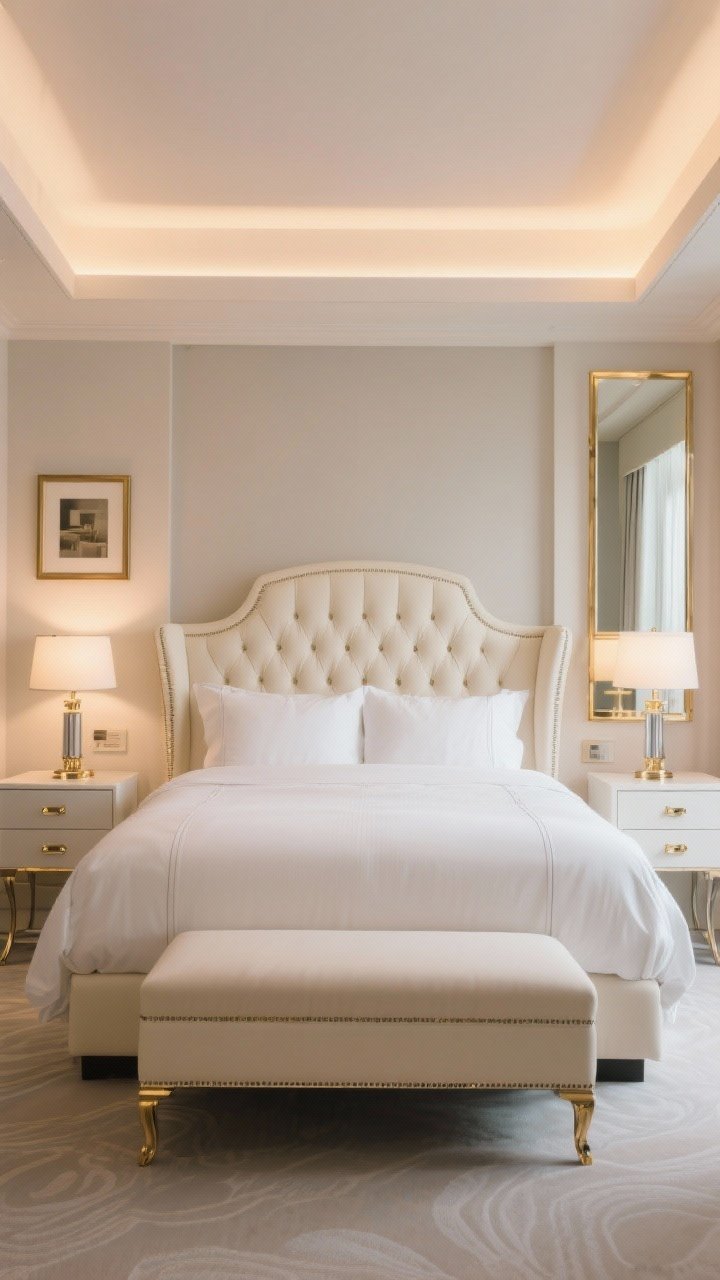 Wide shot capturing luxe hotel vibes: a channel-tufted wingback headboard in cream, perfectly pressed white linens with tailored edges, matching nightstands and lamps for symmetry, brass accents on drawer pulls, chrome-edged picture frames, and a slim brass-trimmed mirror; soft, warm layered lighting from bedside lamps and subtle cove glow; straight-on symmetrical composition for a five-star suite feel.