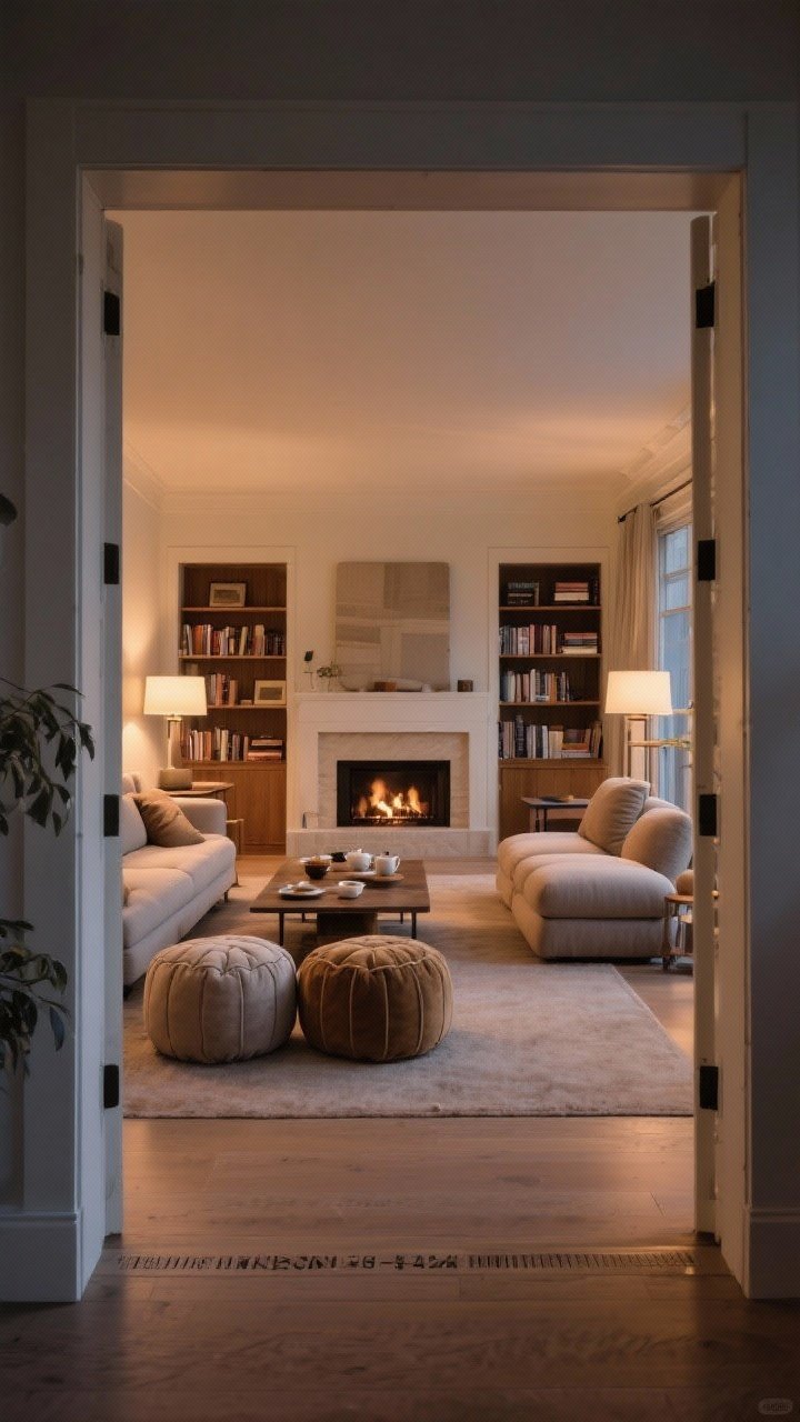Wide shot: Conversation zones created with pouf clusters—two poufs flanking a low coffee table set for tea, a single ottoman extending a sofa like a chaise, and a three-pouf cluster near a fireplace and bookshelf for a cozy reading corner; clear walkways with 18–24 inches around seating, warm inviting atmosphere, evening glow from lamps, photographed from a doorway for a comprehensive view.