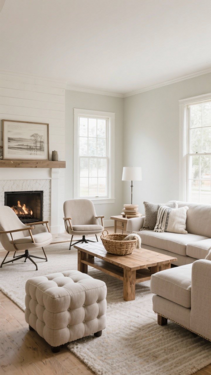 Wide shot: Cozy conversation layout anchored by a sofa facing a fireplace; pair of swivel accent chairs angled for flow, an upholstered cube ottoman set for extra seating; clear traffic paths (30–36 inches) and perfect reach (16–18 inches) between seating and a simple wood coffee table; a woven basket with throw blankets signals comfort; large window providing gentle daylight; calm farmhouse palette; three-quarter angle from the room’s corner.