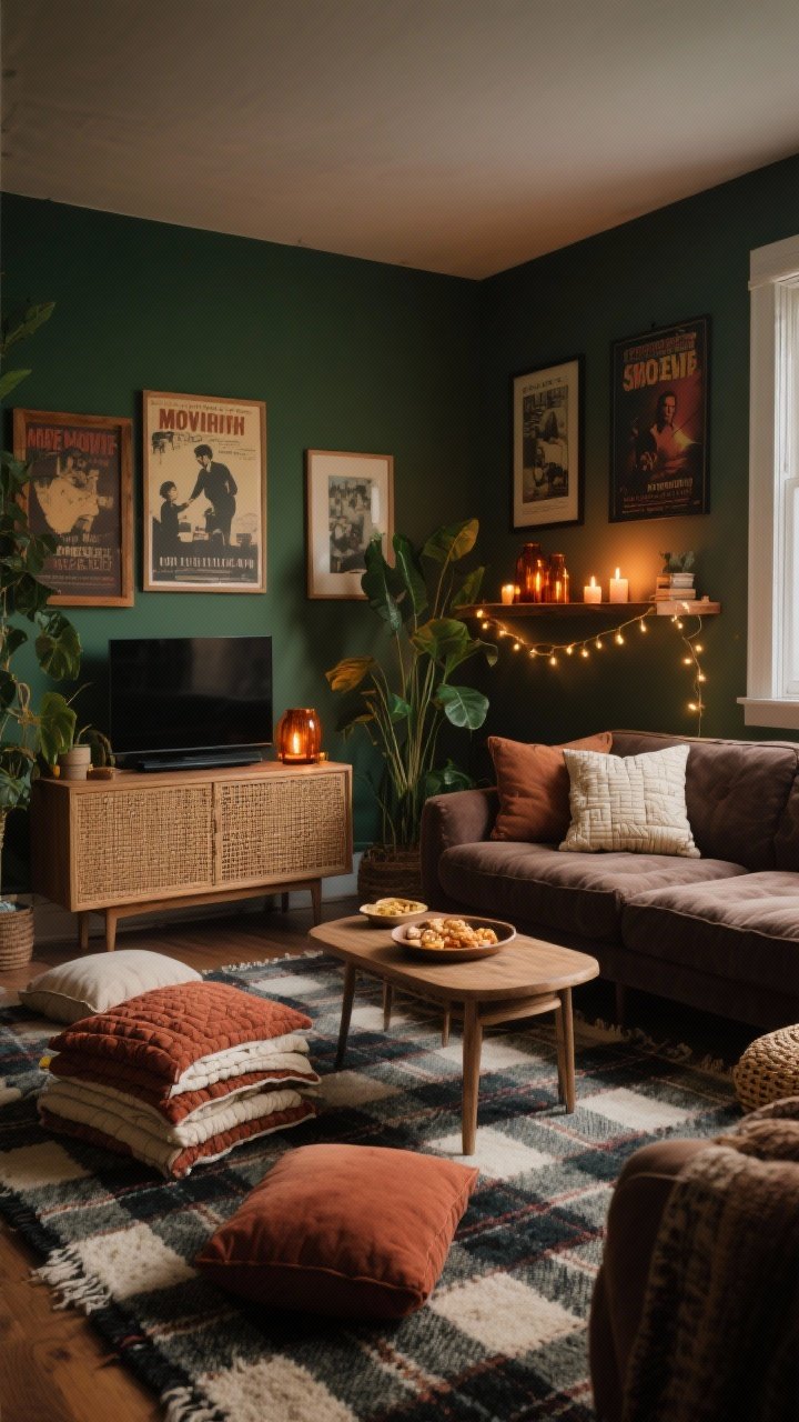 Wide shot, Cozy Movie Night Den: room grounded by a plaid wool rug with a deep, sink-in loveseat; floor cushions scattered and a neat quilt stack ready for guests; rattan media cabinet centered, flanked by tall plants for softness; fairy lights draped along a shelf and amber glass candles lit for warm glow; colors forest green, chocolate, cream, and rust, with vintage movie posters in wood frames and a woven snack tray on the table; low-light, cinematic ambience, corner angle, photorealistic.