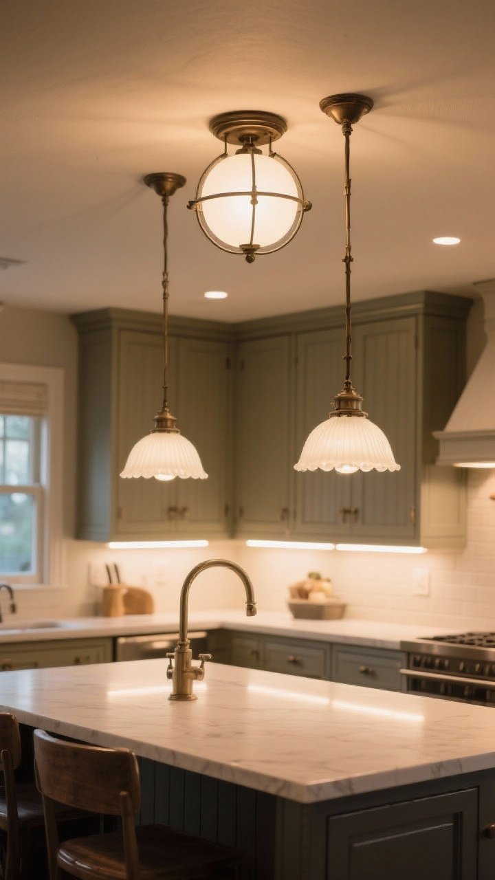 Wide shot emphasizing layered vintage lighting: schoolhouse globe flush mount centered on the ceiling, a pair of milk glass pendants over the island for task lighting, and discreet undercabinet lights illuminating the counter; overall warm, cozy ambiance with clear zones of ambient and task light; classic cabinetry in the background, photorealistic.