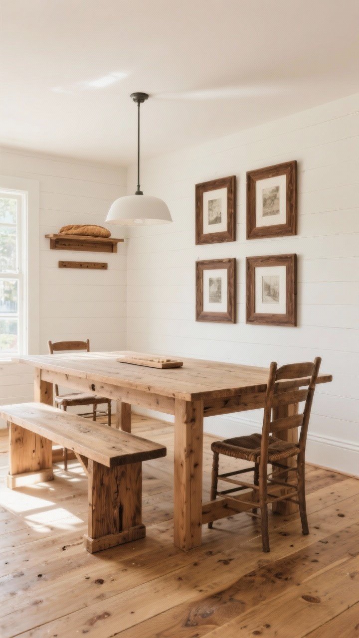 Wide shot: Farmhouse dining area grounded by honest wood—light-to-medium stained oak floors, a pine dining table with simple lines and solid joinery, and walnut picture frames on a soft white wall; matte or oil finishes (no shine) showing visible grain; subtle wood accents like breadboards and a wood riser on the table; gentle afternoon light, warm and timeless.