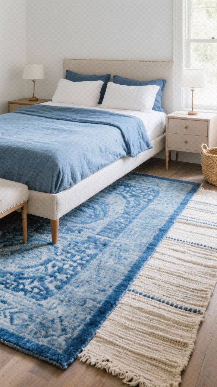 Wide shot, floor-focused: Blue bedroom anchored by a large rug—faded blue patterned wool rug extending under the bed with front legs of nightstands on the rug; alternative view shows a neutral rug with a blue border. Layered textures with a cotton flatweave runner at the side and a jute basket nearby. Soft morning light, furniture visually grounded, instant coziness.