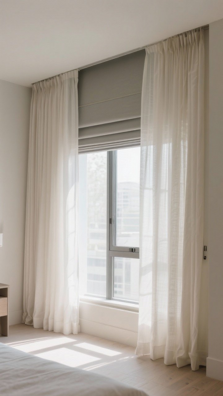 Wide shot focused on windows: Airy off-white linen curtains hung high and wide to elongate walls, paired with sleek roller shades; a hidden blackout layer behind sheers for hotel-level darkness; floor-skimming hems, no puddling; minimal hardware; gentle daylight filtering through, casting soft shadows; calm, neutral room elements.
