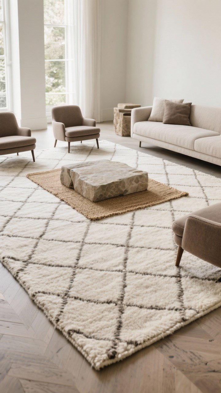 Wide shot focusing on an oversized rug doing the heavy lifting: large wool rug with tonal subtle diamond weave extending under front legs of all seating, 8–12" of floor showing around the border; seating group includes a stone sofa and taupe chairs; layered look with a small wool flatweave on top of a jute base visible at the edge; neutral palette, natural light, photorealistic.