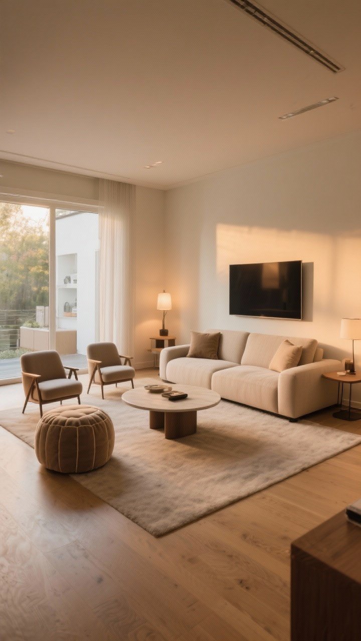 Wide shot from a corner angle: conversation-first layout—sofa and two chairs forming a U-shape around a round coffee table; a pouf/ottoman nearby for extra seating; furniture floated off walls and pulled closer for intimacy; cozy, warm light; no TV focus, just an inviting gathering zone.