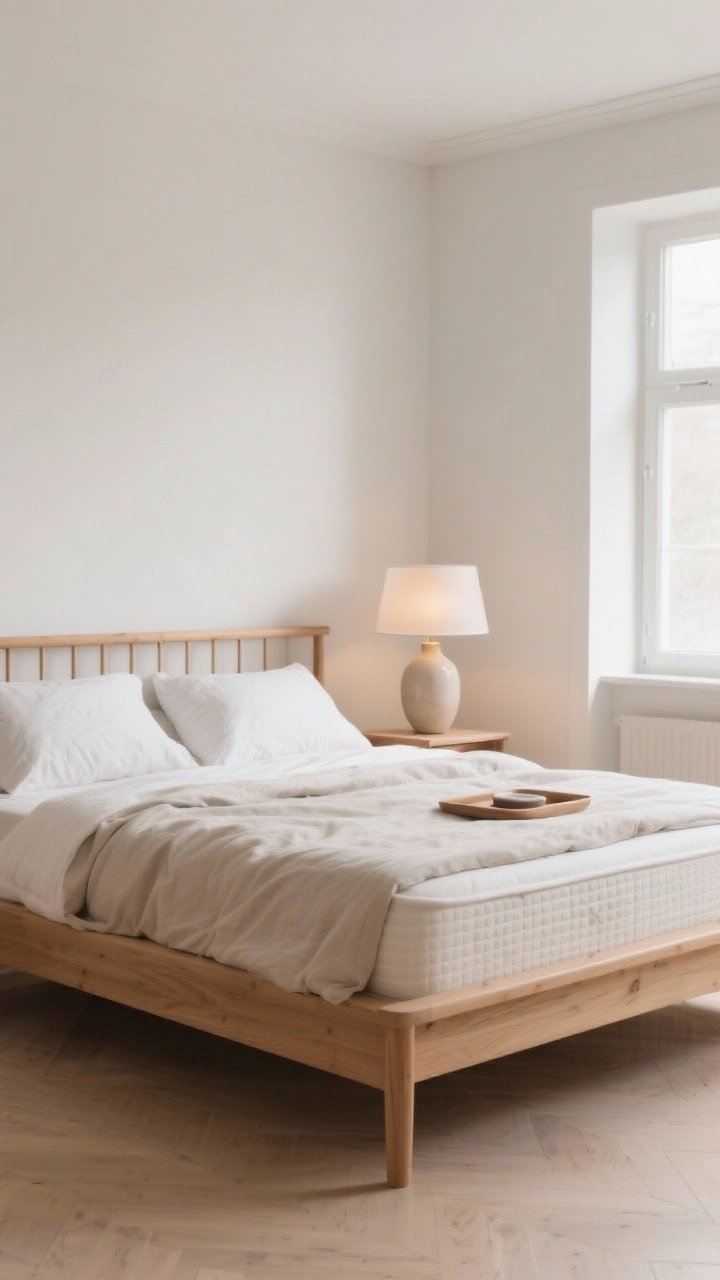 Wide shot: High-quality, minimalist Scandi bedroom—solid wood bed frame with timeless silhouette, premium mattress and breathable linen bedding, well-made table lamp with opal glass shade; restrained decor with a simple vase and tray as budget-friendly accents; balanced high-low styling, warm neutral palette, soft daylight, photorealistic.