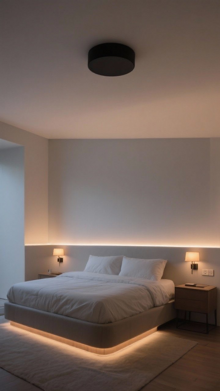 Wide shot: Layered lighting in a minimalist bedroom—an understated matte black flush-mount ceiling light (ambient), two warm 2700–3000K bedside sconces (task), and a subtle LED strip glow under the bed frame (accent); dim, evening mood with dimmers engaged; soft shadows, no harsh glare; cohesive neutral palette and clean lines.