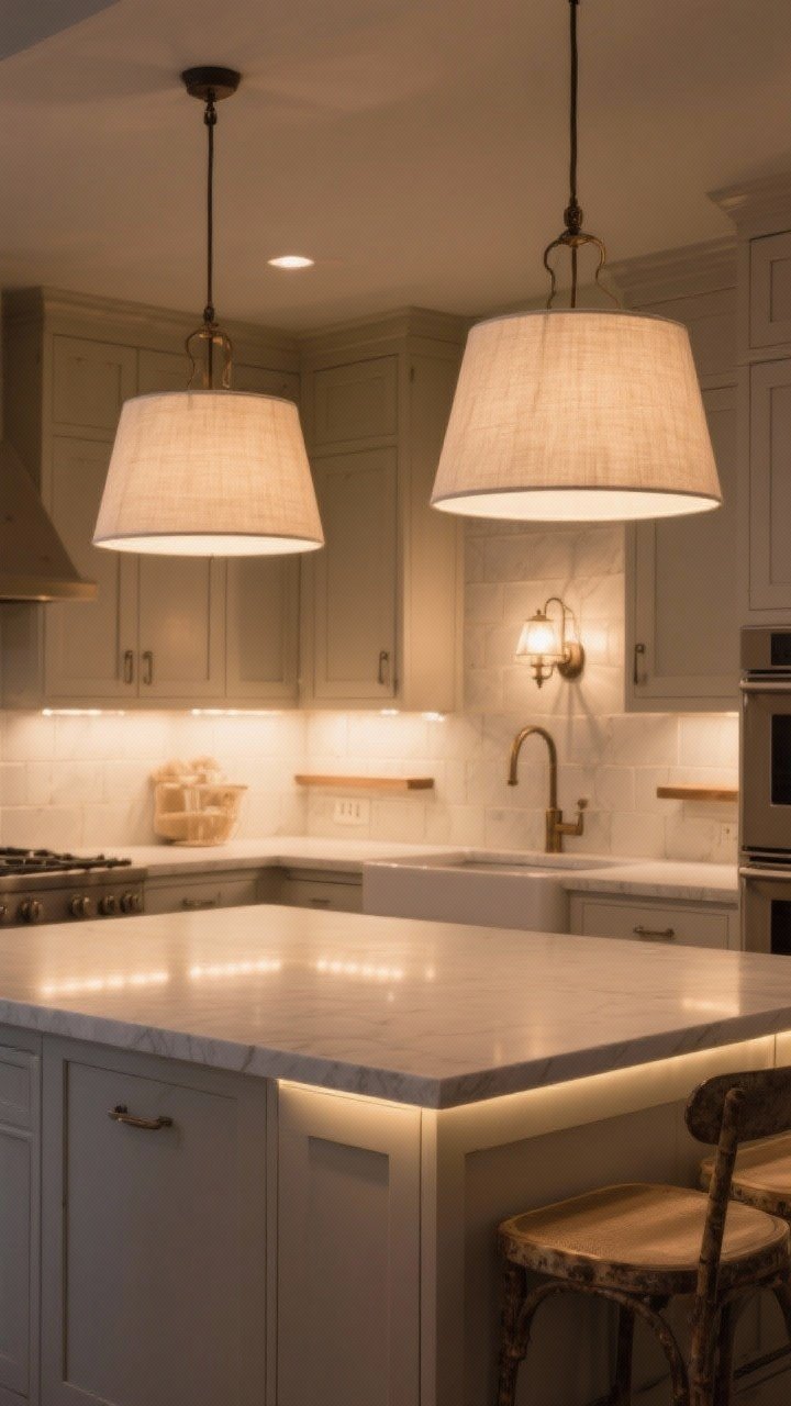 Wide shot: Layered lighting in a warm neutral kitchen at dusk. Two oversized pendants with linen or milk glass shades over the island, warm under-cabinet LEDs (2700–3000K) washing the backsplash, and a single statement sconce over the sink or open shelves. All lights on dimmers for a glowy, non-clinical ambiance. Creamy cabinetry and greige lowers subtly lit; aged metal accents visible. Straight-on view capturing ambient, task, and accent layers working together.