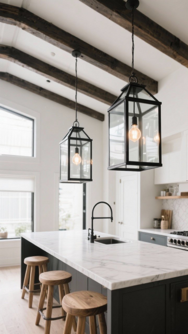 Wide shot looking down a kitchen with tall ceilings and exposed beams, featuring two open-frame lantern pendants with clear sides over the island; matte black frames provide crisp contrast while keeping sightlines open; oversized frosted vintage-style LED bulbs inside the lanterns; light oak stools and white quartz counters for balance; airy, architectural mood.