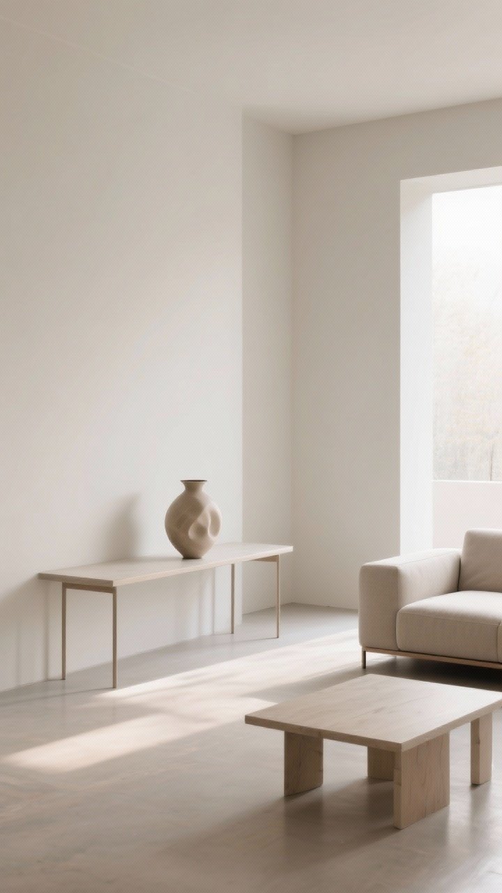 Wide shot: Minimal living room with intentional negative space—open floor area, furniture pulled a few inches from the wall, and open-legged pieces to keep sightlines clear. A single sculptural vase sits alone on a console; coffee table surface mostly empty. Neutral palette, airy feel, soft morning light. Perspective: diagonal corner view emphasizing empty corners and breathing room.