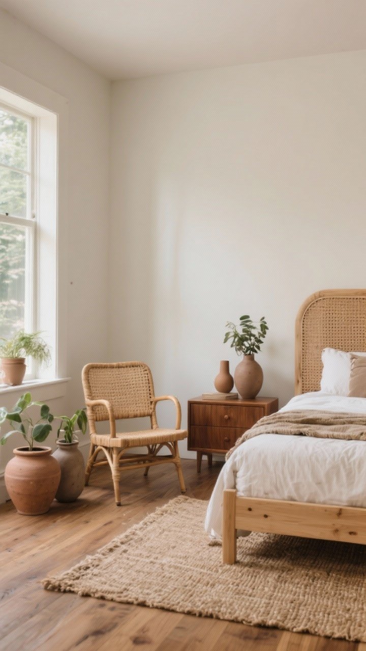 Wide shot of a boho bedroom corner emphasizing natural materials: light oak bed frame, warm walnut nightstand, rattan headboard, cane-backed statement chair, jute rug layered on hardwood, matte clay ceramic vases and planters; mixed finishes to avoid matchy-matchy; soft natural daylight; earthy, relaxed mood; no plastic elements; photorealistic.