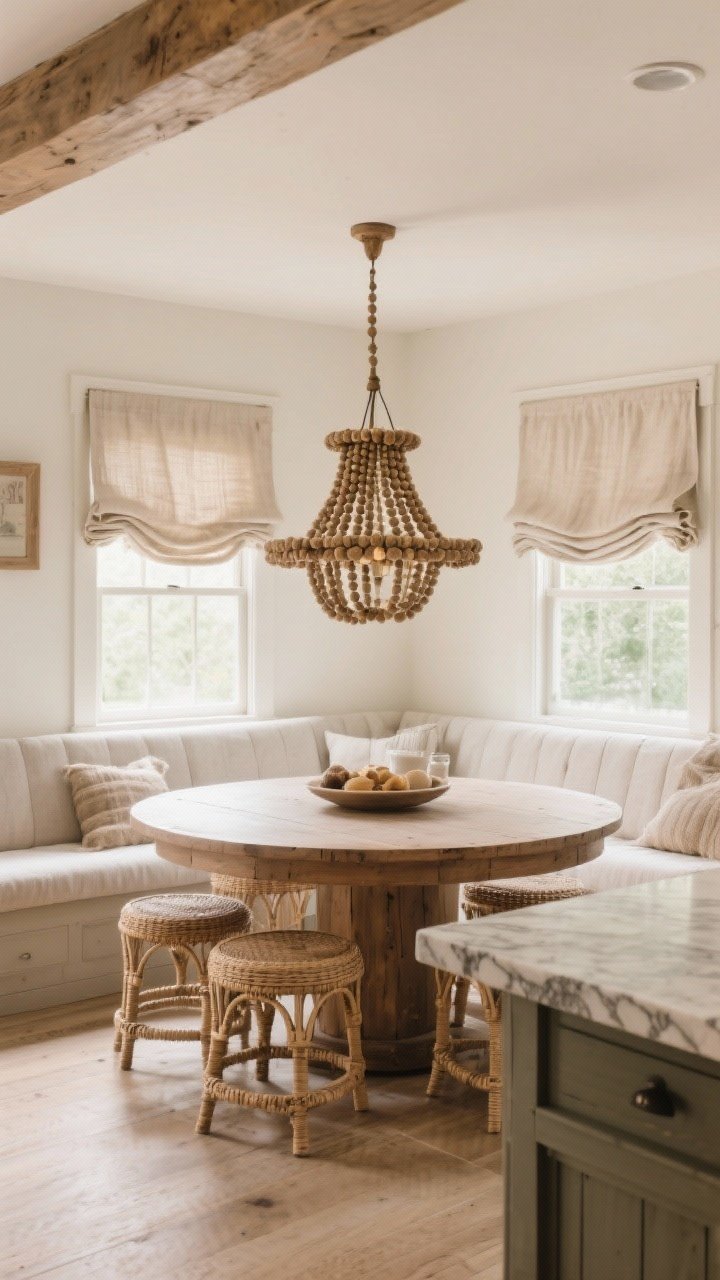 Wide shot of a breakfast nook with a round farmhouse table under a natural wood beaded chandelier; organic texture and soft curves, slightly oversized for a casual designer feel; rattan stools at the adjacent island, linen roman shades, and soapstone counters nearby; neutral palette with layered textures; warm, diffused light.