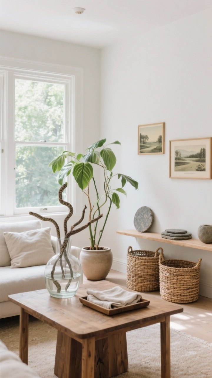 Wide shot of a bright living-dining area that brings nature in: a snake plant in a simple ceramic pot by the window, a clear glass vase with sculptural branches on a wood table, rattan baskets on a shelf, stone coasters and linen napkins on a tray, and small framed vintage landscape prints on the wall; natural daylight washes the room, emphasizing organic shapes and materials.