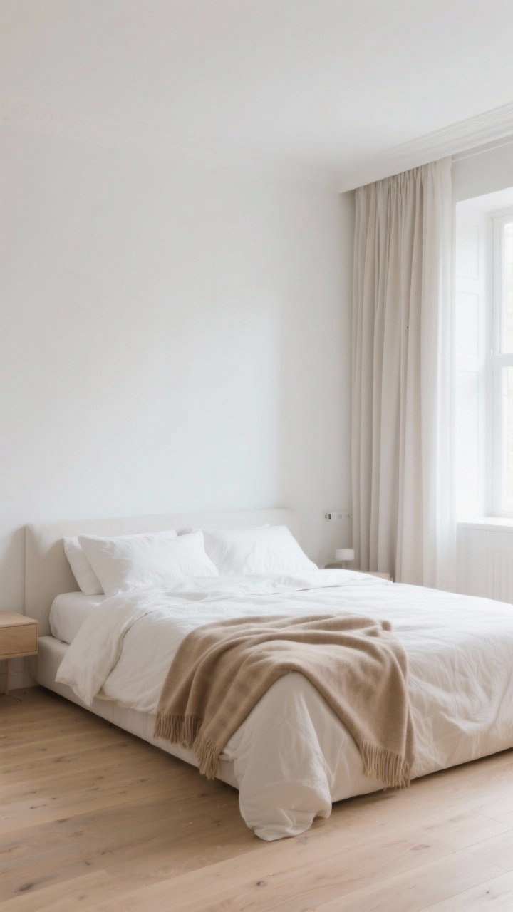 Wide shot of a calm minimalist bedroom with a soft neutral backbone: warm white painted walls (non-blue undertone), ivory sheets, sand-toned duvet, mushroom-colored throw, and curtains in the same tonal family for harmony; natural morning light, uncluttered surfaces, pale oak floors, photorealistic, serene and breathable atmosphere.