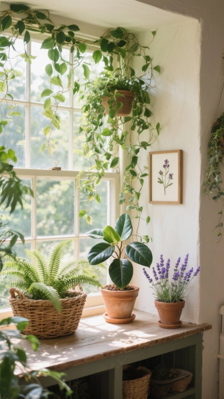Wide shot of a cottage-style window bay with a harmonious mix of plants: trailing pothos and ivy cascading from a shelf, a Boston fern in a wicker basket, a rubber plant in a clay pot, and a lavender pot on the sunny sill; include a small framed pressed flower artwork on the wall; bright but soft natural daylight, earthy scent implied through visual variety, not a dense greenhouse.