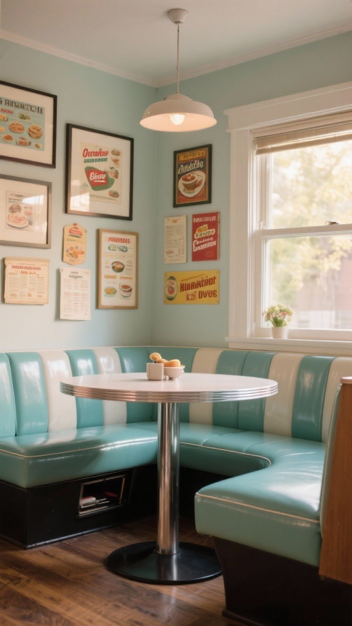Wide shot of a cozy breakfast nook: built-in banquette upholstered in retro vinyl, a round pedestal table, hinged bench seats hinting at hidden storage, and an art wall with framed vintage recipe cards and retro ads; soft morning light through a nearby window, warm and family-friendly diner vibe, photorealistic.
