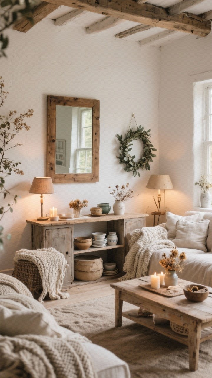 Wide shot of a cozy cottage core living space as a concluding mood: layered textures (linen, knits, weathered wood), soft matte warm white walls, vintage pieces like a wood-framed mirror and crockery, layered warm lighting with lamps and candles, and nature woven throughout with dried flowers and a eucalyptus wreath; tranquil, inviting atmosphere with no people, photorealistic.