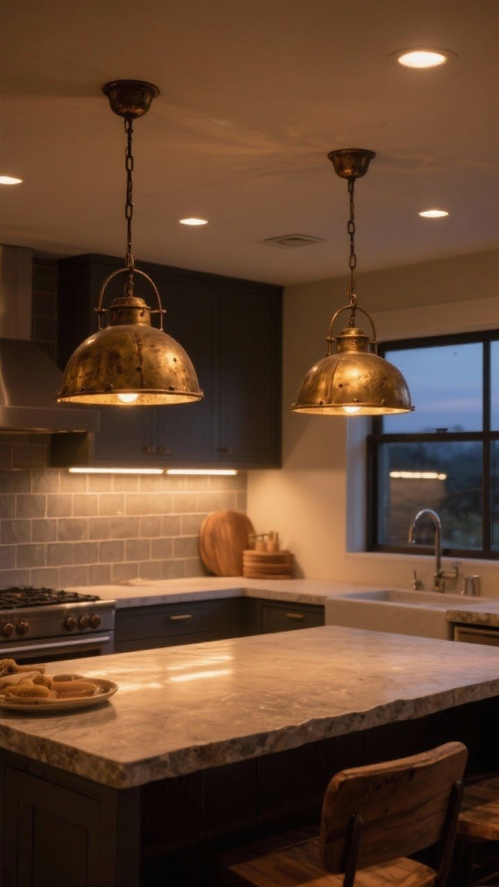 Wide shot of a cozy kitchen lighting scheme at dusk: warm brass or aged iron pendants over an island, dimmable ambient ceiling lights, soft under-cabinet LED strips casting an inviting glow on matte backsplash tiles, bulb temperature around 2700K–3000K, warm wood and stone surfaces subtly illuminated; the mood is flattering and warm, avoiding any cool daylight tones
