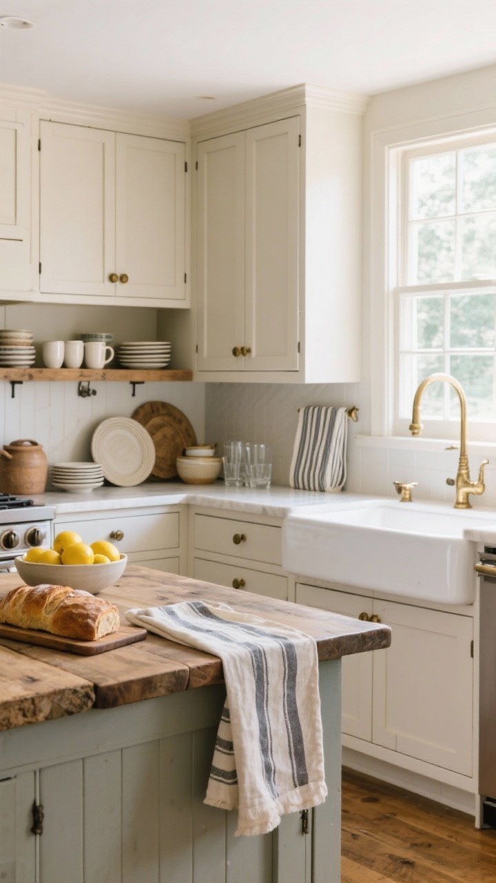 Wide shot of a farmhouse kitchen that’s practical and pretty: shaker cabinets in warm white greige with mixed aged brass knobs and iron pulls, an apron-front sink under a window, butcher block counters paired with a honed stone island, and one open shelf holding everyday ceramic plates, stoneware mugs, and simple glassware; textiles include striped tea towels and a linen runner; counters mostly clear with a bowl of lemons and a loaf of bread on a board; bright natural daylight.