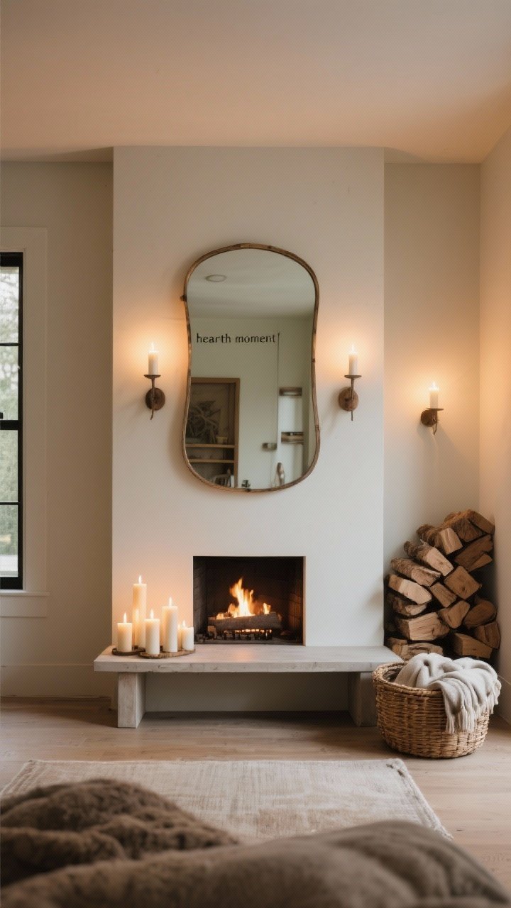 Wide shot of a faux “hearth moment” for a room without a fireplace: a low console centered on a wall with an oversized mirror above, a symmetrical but relaxed candle grouping on the console, stacked wood decor to one side, and a low basket with throws; warm, layered lighting, rustic materials, serene slow-living mood.