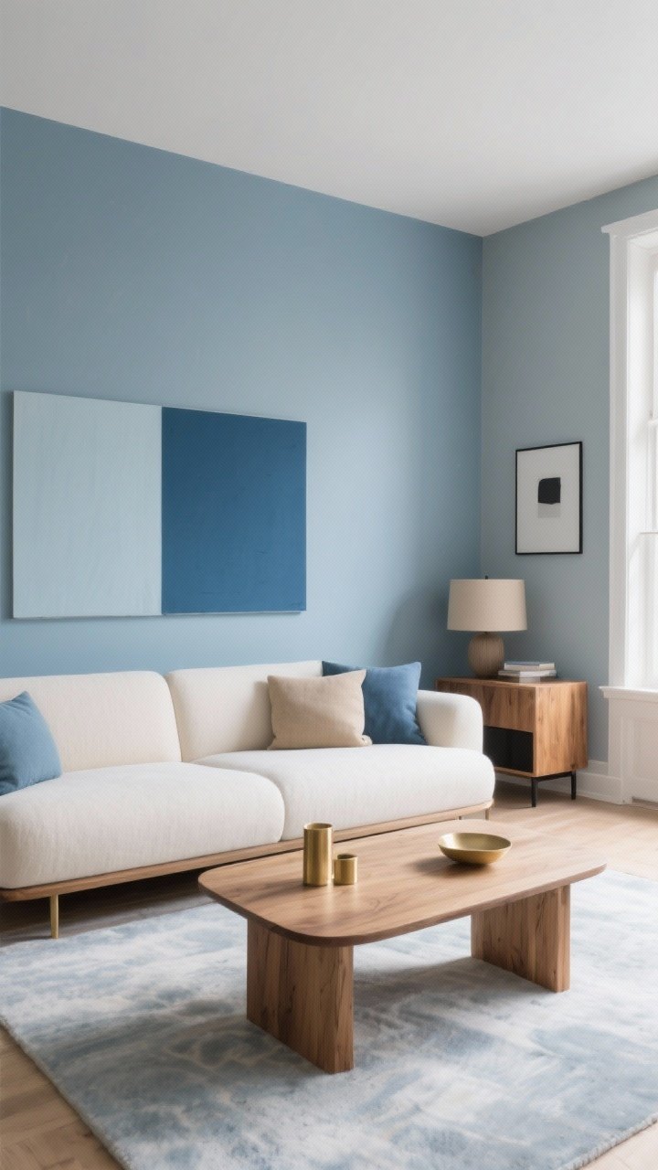 Wide shot of a glacier blue living room styled with soft, lived-in neutrals: walls in blue-gray, cream upholstery, oak coffee table, and brass accents; a vignette showcasing color combos: glacier blue + cream + oak, and blue-gray + mushroom with thin black accents; cohesive palette limited to 3–4 hues; warm daylight creating a peaceful, intentional slow-living mood; photorealistic, straight-on composition.
