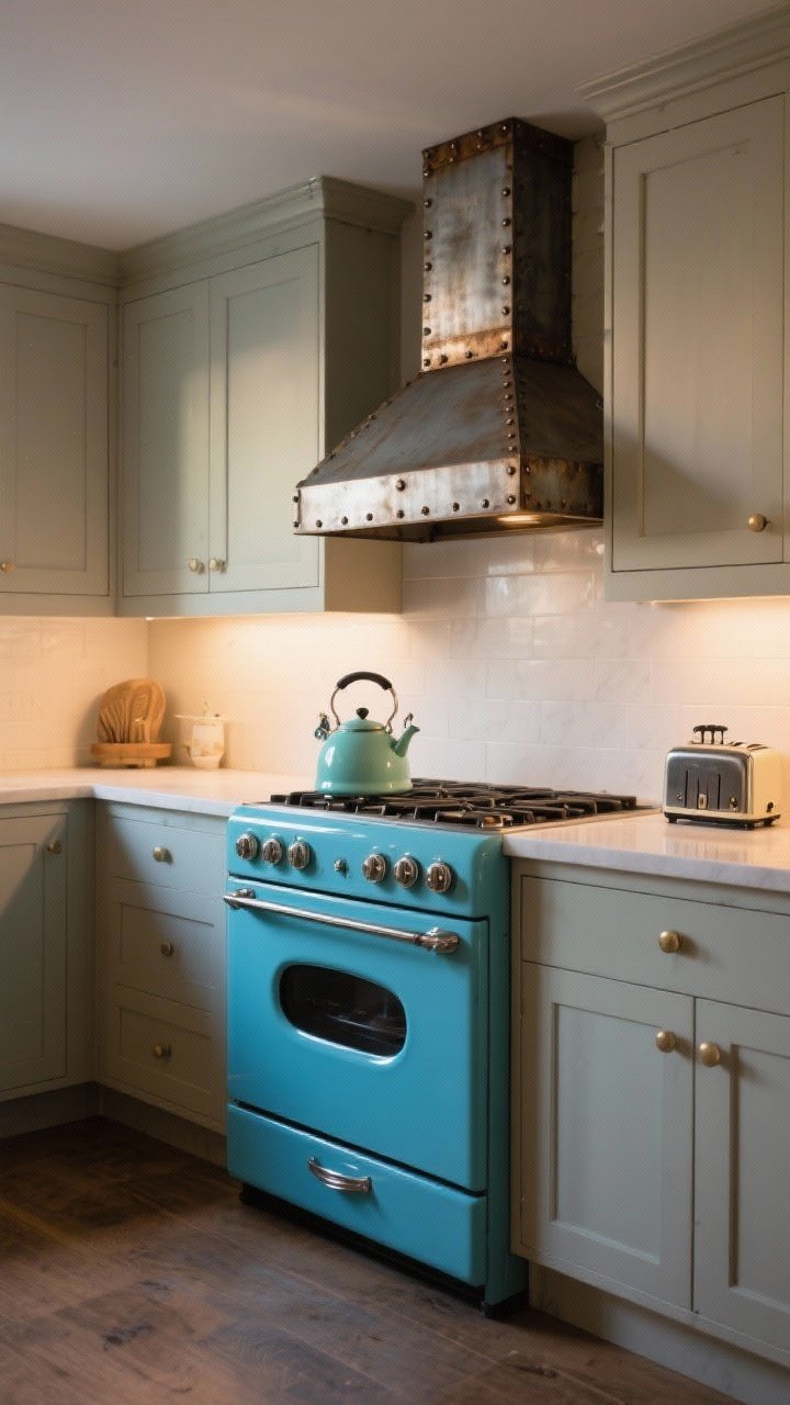 Wide shot of a kitchen anchored by a retro-style cobalt range with rounded edges and enamel finish, paired with a custom riveted metal vent hood that looks antique; mint kettle and vintage toaster on the counter as small nostalgic accents; neutral cabinetry to let the appliance color pop; even, warm evening light; straight-on composition emphasizing the focal point.