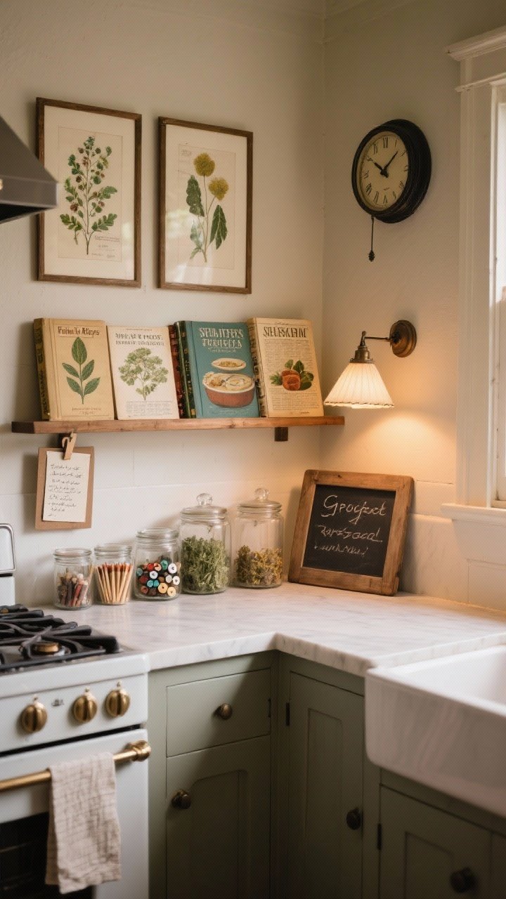 Wide shot of a kitchen nook adding story: a small shelf and counter display of vintage cookbooks with illustrated covers, framed botanical prints and seed catalog pages on the wall, a clip frame by the stove holding handwritten family recipe cards, old glass jars filled with buttons, matches, and dried herbs; a charming wall clock and a petite lamp casting a soft evening glow; a tiny chalkboard with a handwritten grocery note; cozy, warm ambient lighting, photorealistic, no people.