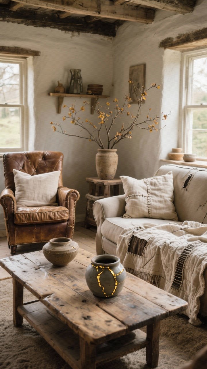 Wide shot of a lived-in cottage living room embracing patina: worn leather armchair with subtle creases, sun-faded linen cushions, a dinged wood coffee table finished with natural oil and wax, and hand-built ceramics with slight irregularities; a visibly mended quilt draped over the sofa and a repaired pottery piece with gold-inspired seam lines nodding to kintsugi; seasonal branches in a crock; warm, time-softened light, peaceful imperfection.