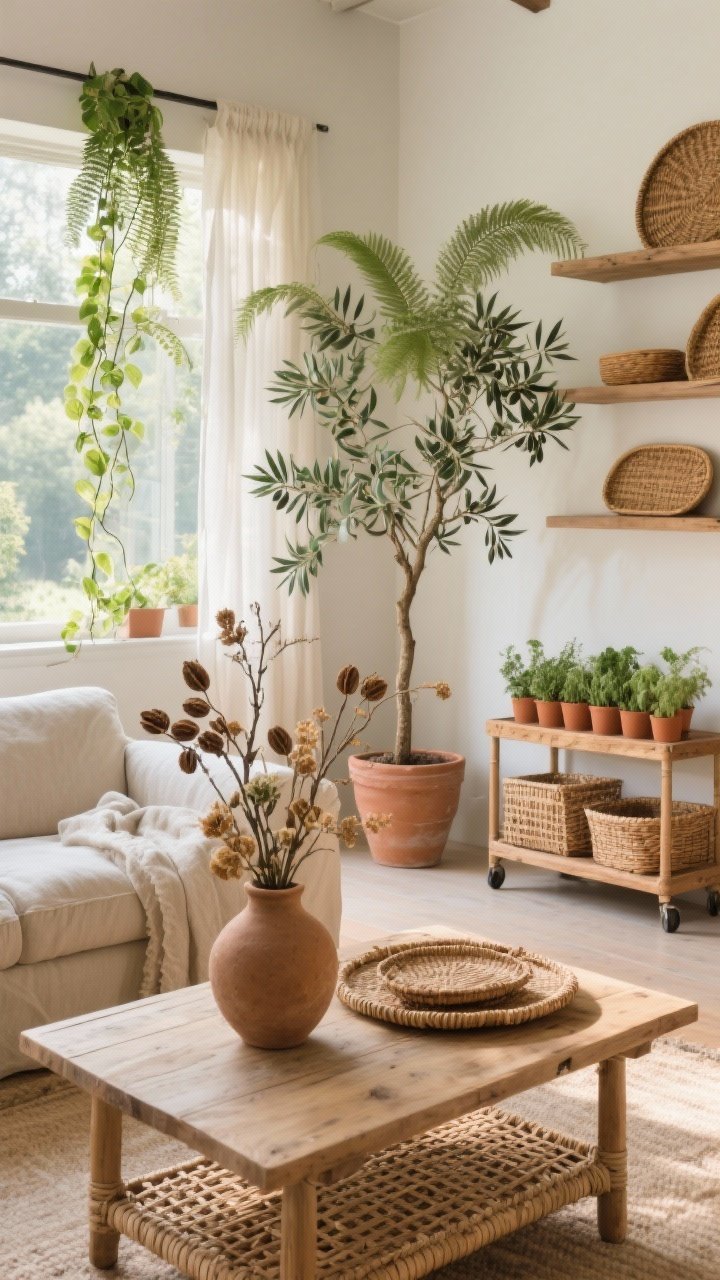 Wide shot of a living area that brings the outside in: ferns and trailing pothos on a windowsill, an olive tree in a clay pot beside a slipcovered sofa, and a row of kitchen herbs in terracotta on a nearby cart; foraged branch bouquet with seed pods and dried flowers in an earthen vase on a wooden coffee table; rattan and cane accents with wicker baskets and woven trays on open shelves; soft morning light through sheer linen; photorealistic, no people.