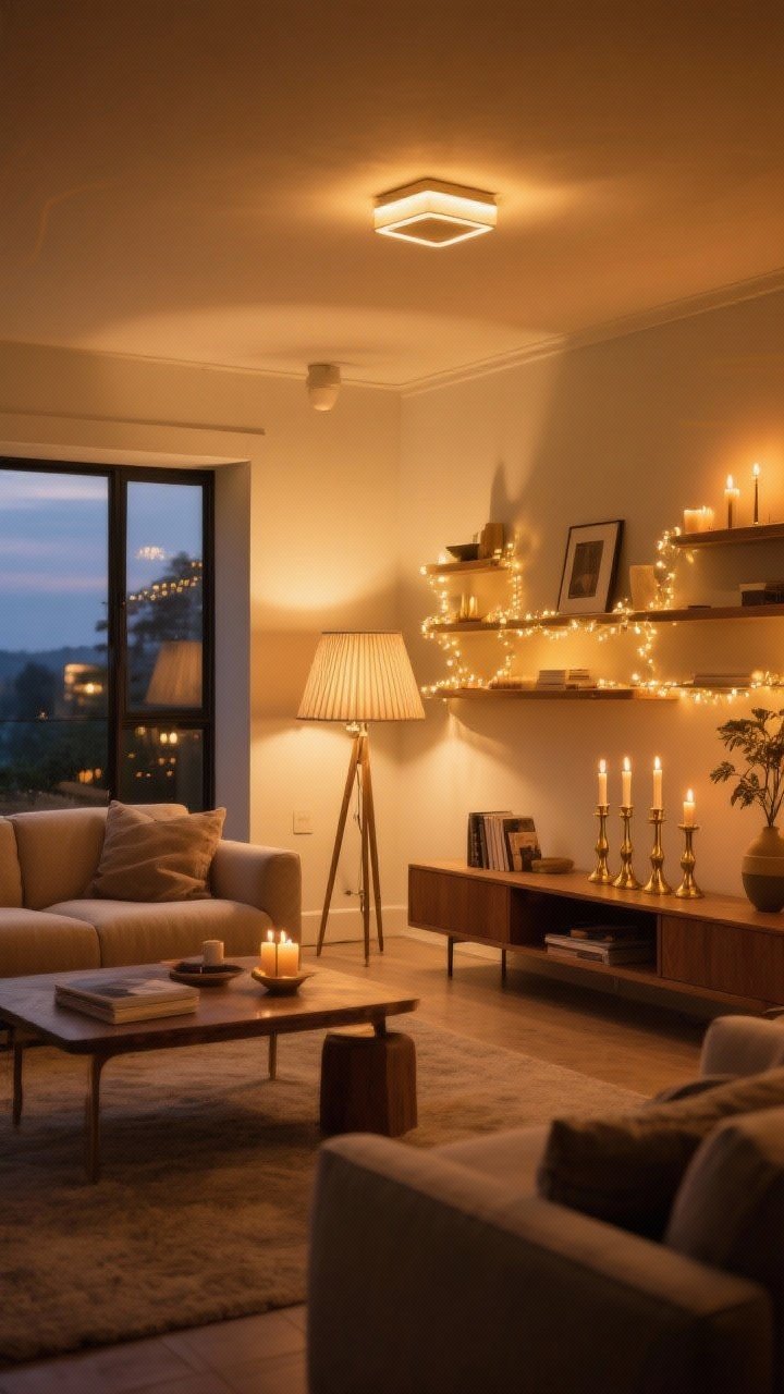 Wide shot of a living room at dusk with layered lighting: multiple warm 2700K sources including a linen-shaded table lamp, a pleated-shade floor lamp, fairy lights tucked along shelving, and brass candlesticks with glowing candles; overhead lights off, cozy zones defined (sofa, reading nook, and console) for a golden, soft atmosphere.