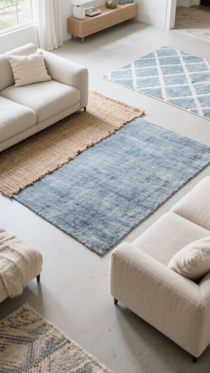 Wide shot of a living room grounded by rugs: a blue-gray wool rug under a neutral sofa for low-contrast calm, layered with a natural jute runner nearby; a subtle cream-and-soft-blue geometric rug visible in an adjacent zone; large-scale rug sizing to fill the space; photorealistic, overhead angle capturing rug textures and how they unify the room without overpowering.