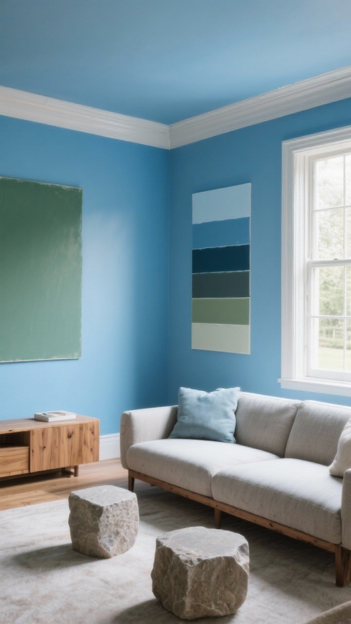 Wide shot of a living room painted in glacier blue, with one wall in a warmer glacier blue with a hint of green for a north-facing room; large painted swatches on two adjacent walls, morning light streaming in from a north-facing window; a subtle glacier blue ceiling for a quiet sky effect; neutral stone sofa and oak wood accents to balance undertones; photorealistic, straight-on view emphasizing intentional paint choice and undertone harmony, no people.