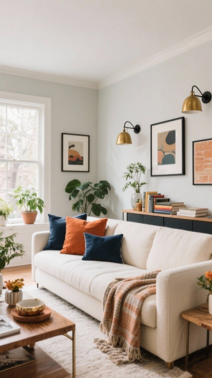 Wide shot of a living room showcasing a cozy-first color palette: warm white/greige walls, cream sofa, terracotta and muted navy accents in pillows and throws, brass metal finishes on lighting and frames, black hardware touches; art and books add color, plants punctuate the space; natural daylight softened, with an earthy, grounded vibe and a neutral base enabling seasonal swaps.