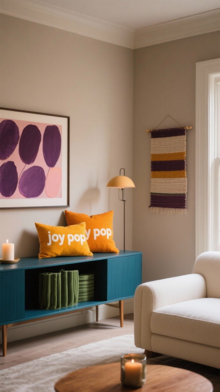 Wide shot of a moody-meets-cheerful living space color story: walls in a soft mushroom neutral, a deep teal console, sage accents, and marigold “joy pop” repeated three times (a pillow, a candle on the console, and a framed textile on the wall). Include cream upholstery and a plum-and-blush artwork for contrast. Lighting is gentle and warm, letting color do the talking; overall palette shows warm/cool, dark/light, muted/saturated interplay.