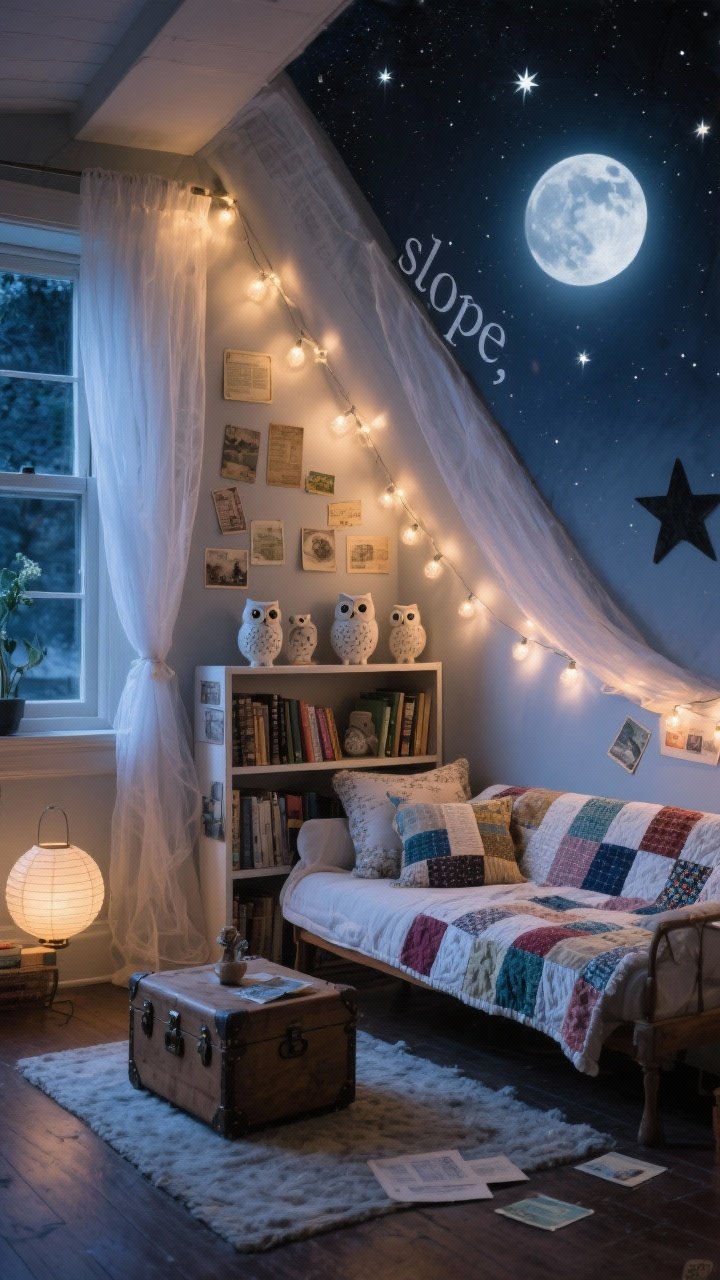 Wide shot of a moonlit attic vibe setup in a regular room: gauze fabric draped along one wall to mimic a slope, leaning bookcase beneath, daybed with a patchwork quilt, tiny trunk as coffee table, warm fairy lights strung across the “slope,” ceramic owls, scattered vintage postcards, and a starry paper lantern; dreamy twilight ambiance.