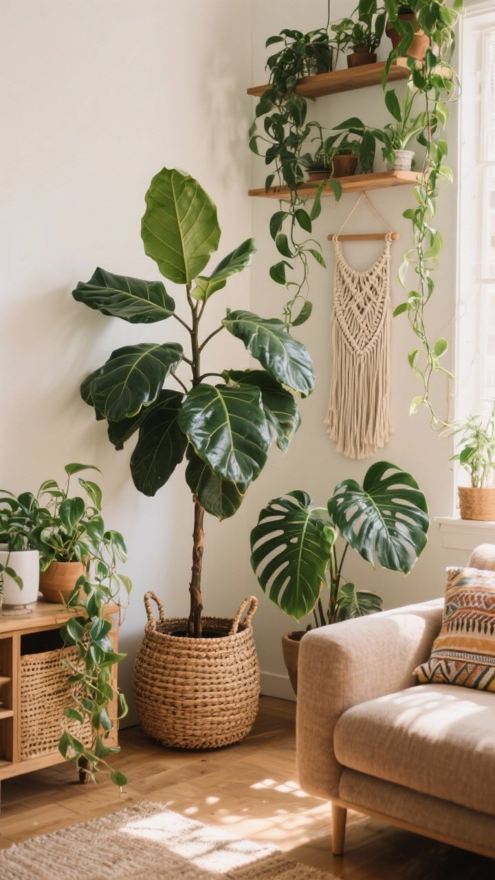Wide shot of a plant-rich living room corner: a towering fiddle leaf fig in a woven belly basket, a medium rubber tree and monstera grouped nearby, trailing pothos and philodendrons cascading from shelves and a macramé hanger; earthy boho styling with natural daylight filtering through; no people.
