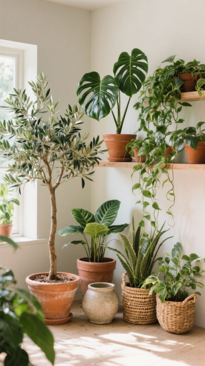 Wide shot of a plant-styled corner: Layered greenery with an olive tree as the statement piece, a ZZ plant and monstera at medium height, trailing pothos cascading from a shelf; planters in terracotta, stoneware, and woven baskets; grouped in odd numbers with varied heights; gentle morning light filtering in, lush but not chaotic.