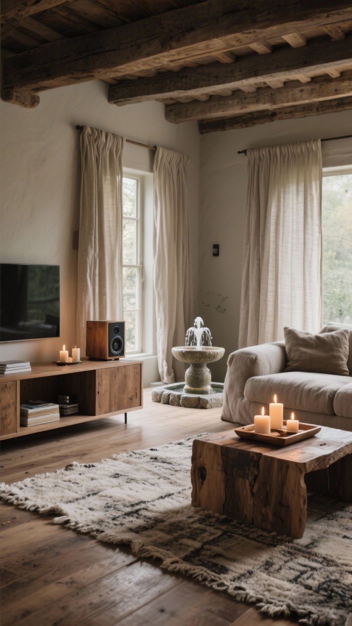 Wide shot of a rustic living room designed for a soft soundscape: wool rugs over wood floors, full linen curtains to dampen echoes, a small tabletop indoor fountain on a sideboard, wood-wick candles on a tray, and a discreet speaker playing lo-fi/acoustic music; include lots of wood and stone but acoustically softened with textiles; calm, subdued lighting and a serene mood.