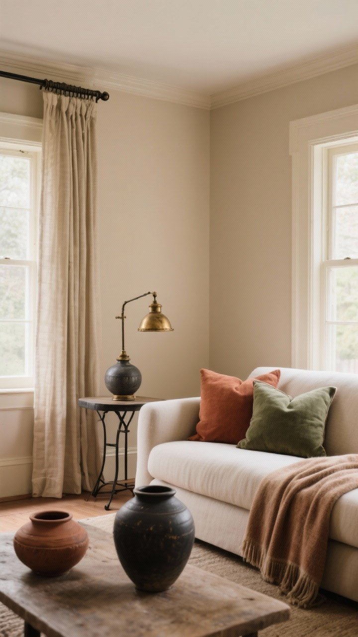Wide shot of a serene living room showcasing a soft, earthy color story: walls and trim painted the same warm putty color in different sheens, base tones of bone and oatmeal throughout; accents in clay, rust, moss, and muted charcoal via pottery, pillows, and a throw; small doses of antique brass and blackened iron in a table lamp and curtain rod; calm, even lighting with gentle window light
