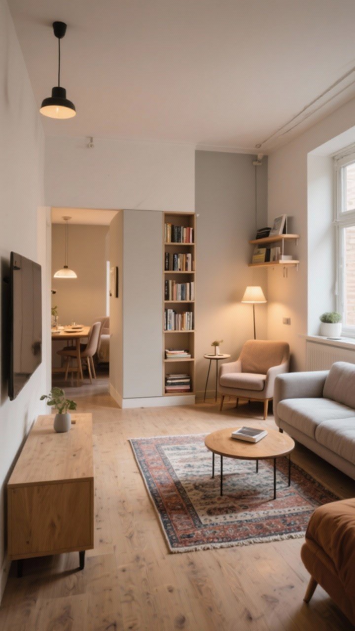 Wide shot of a small studio apartment with clearly defined cozy zones: a 4x6 rug anchoring a seating area, a console table backing the sofa to separate living and dining, a low bookshelf used as a soft room divider, and floating furniture pulled off the walls for flow; a compact reading nook in the corner with a comfy chair, a small table lamp, and a round side table; soft, warm lighting.