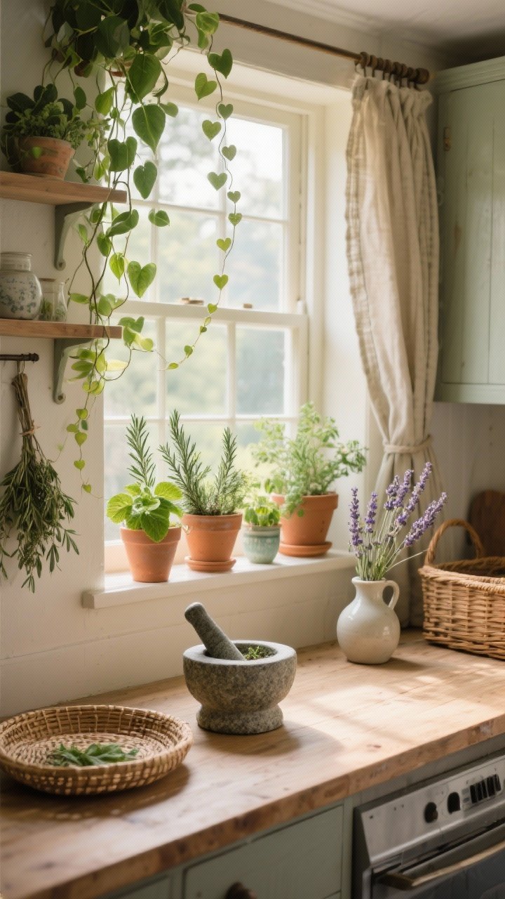 Wide shot of a sunlit cottage-style kitchen window ledge filled with windowsill herbs—rosemary, thyme, mint—in raw terracotta and glazed ceramic pots; trailing pothos and string of hearts cascading from a nearby shelf and curtain rod; a stone mortar and pestle on a wood counter, eucalyptus and dried lavender stems in a small jug; mix of rattan tray, wicker basket, and smooth ceramic; soft morning light, photorealistic.