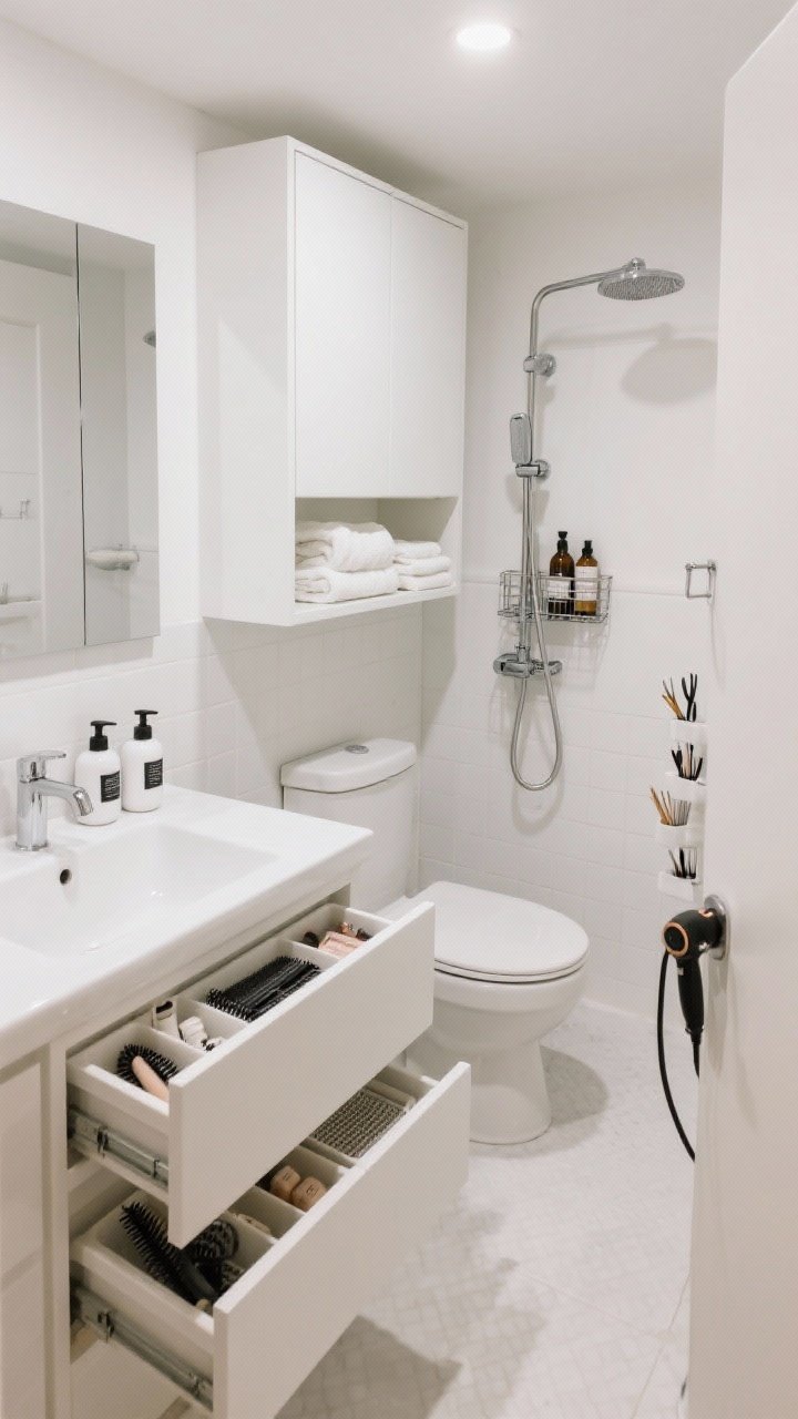 Wide shot of a tiny bathroom styled like a spa: over-the-toilet shelving in matte white with closed-door cabinets storing towels and toiletries, corner shower shelves and a stainless shower caddy holding bottles off ledges, vanity drawers open slightly to reveal organizers separating skincare and hair tools with a heat-proof mat for a curling iron, and a magnetic strip inside the sink cabinet door holding tweezers and bobby pins. Matching pump dispensers in white with black labels, clean tile, bright even bathroom lighting.