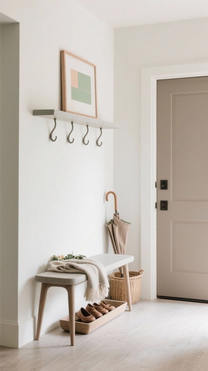 Wide shot of a tiny entryway emphasizing scale and flow: A slim open-leg bench (10–14 inches deep) with rounded corners, a wall-mounted shelf above, and a soft palette of creamy white walls, warm gray, sage, and pale clay accents. Matte finishes on hooks and frames, the interior side of the door painted a warm greige/taupe focal point. Final touches include a soft throw on the bench (seasonal), a narrow lipped shoe tray tucked under, and a tiny ceramic or rattan umbrella stand. Airy, unobstructed traffic flow, photorealistic, softly lit.